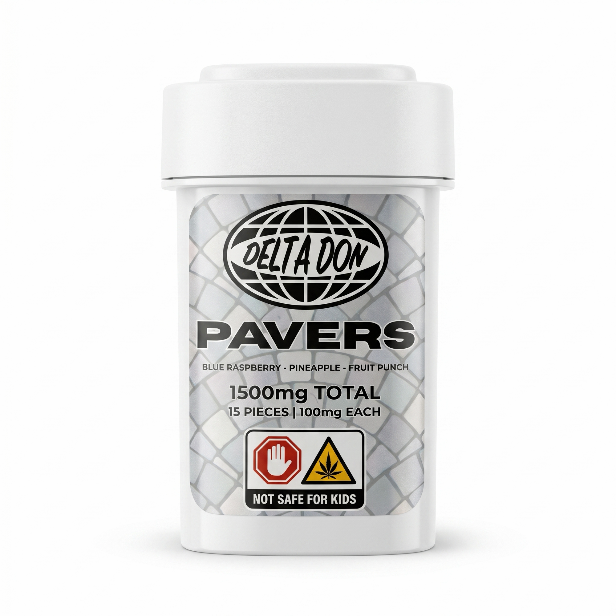 Delta Don Pavers jar front - 1500mg total, 15 pieces, 100mg each, Blue Raspberry, Pineapple, Fruit Punch