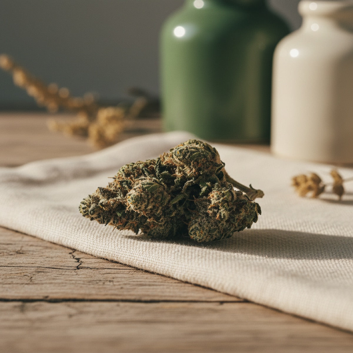 Flower buds arranged on a linen cloth